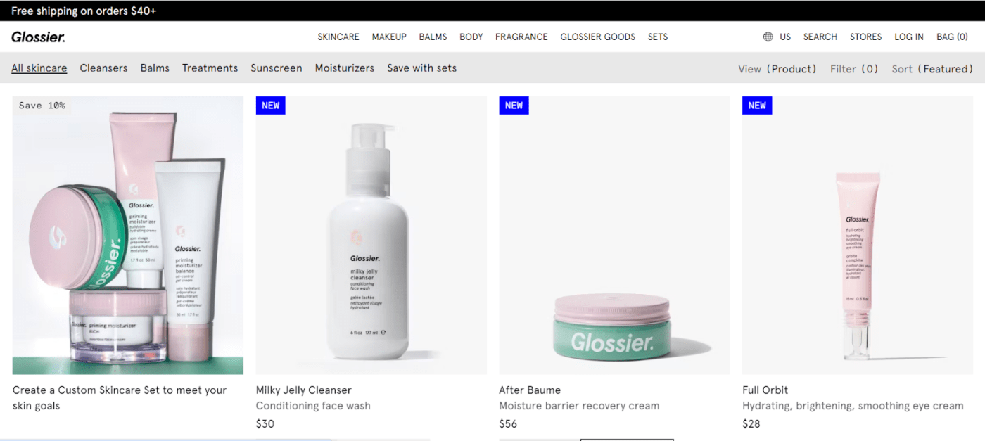 Página inicial da Glossier