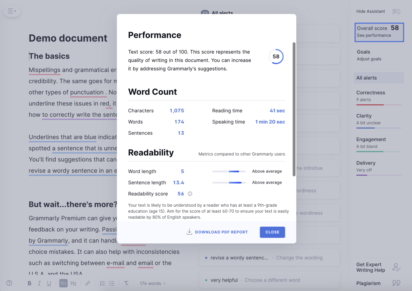 Grammarly-Bewertungstool im Gramamrly-Dashboard