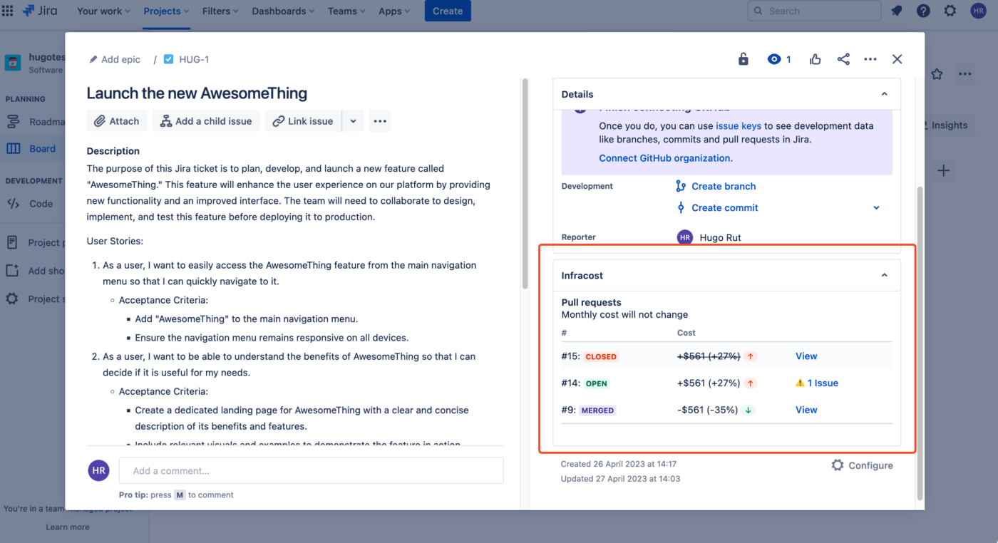 Werk Jira-problemen bij met kostenramingen, samen met een directe link naar uw Infracost Cloud-dashboard en duik in specifieke cloudkosten die worden beïnvloed door engineeringwijzigingen