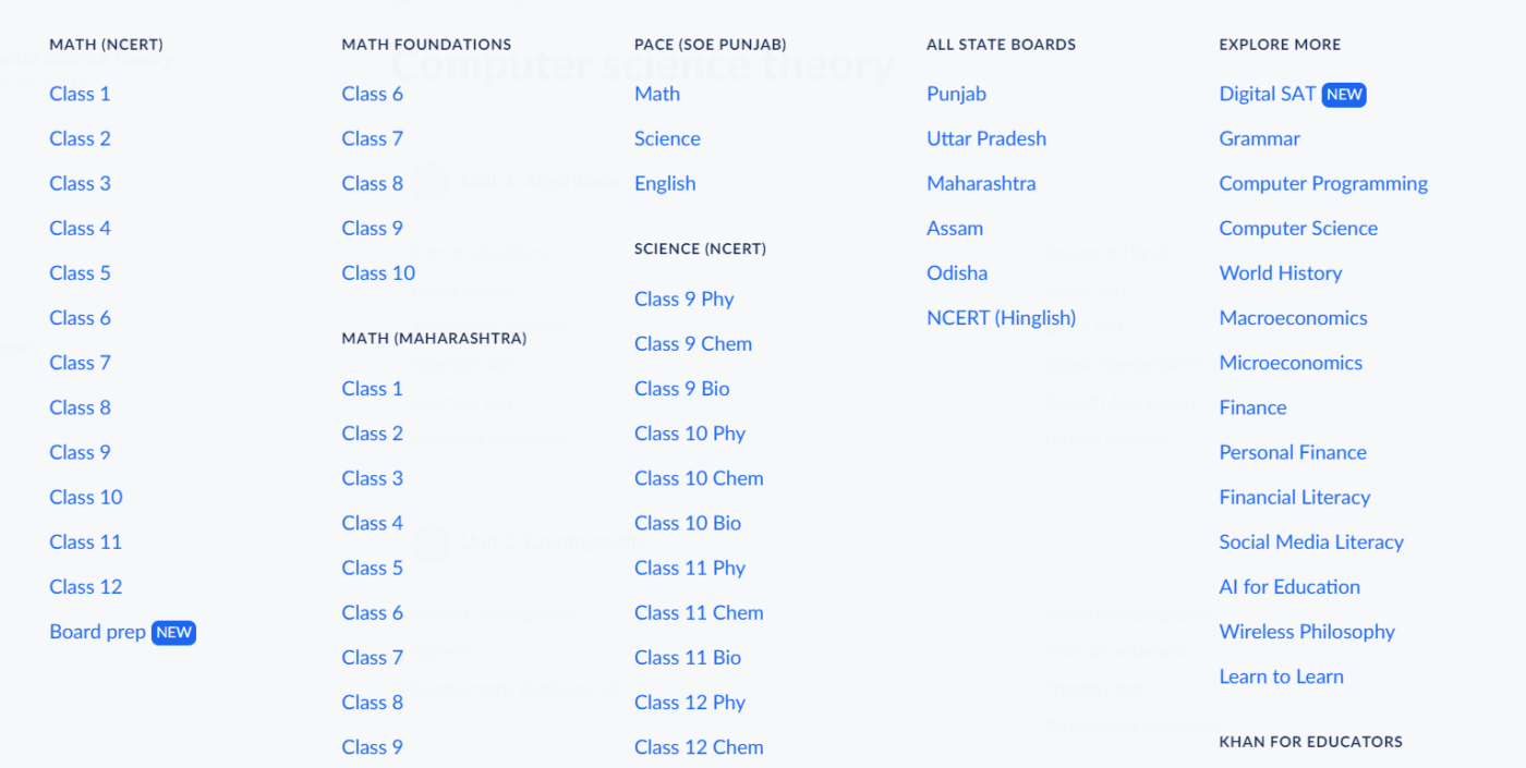 Khan Academy offerings