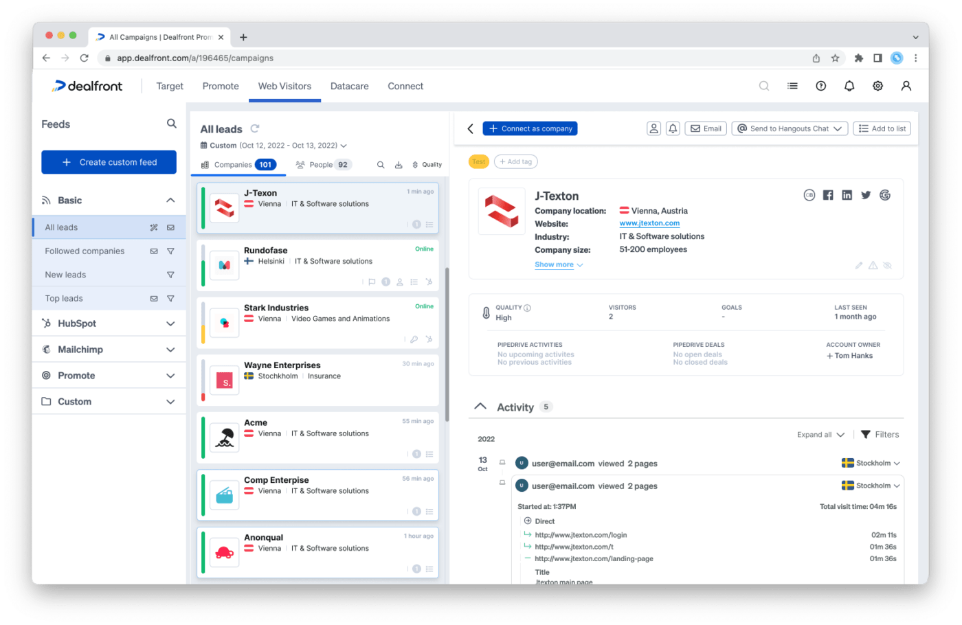 Dashboard van webbezoeker op Leadfeeder