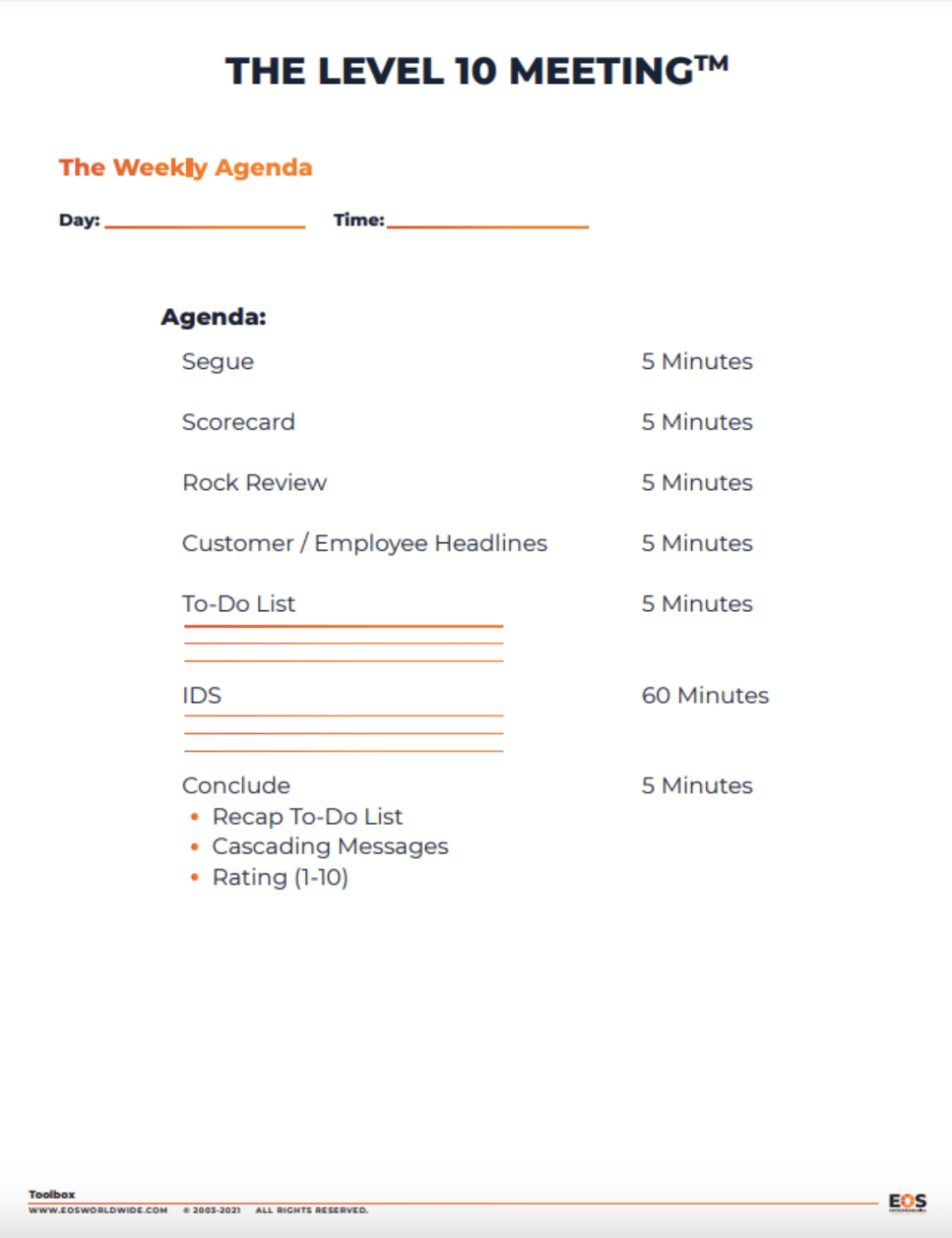 Modelo de agenda de reunião de nível 10 da EOS Worldwide