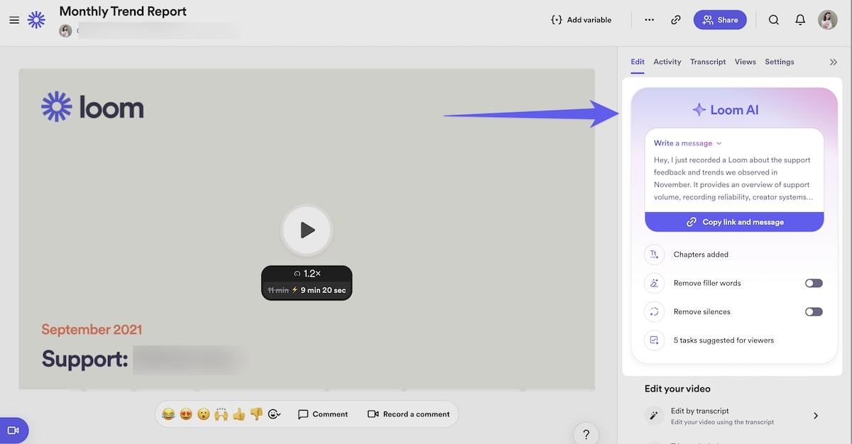 Screenshot of Loom's AI feature