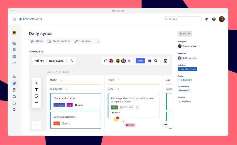 Allegate le Bacheche di Miro ai problemi di Jira per contestualizzare i progetti e consentire ai vostri colleghi di vedere il quadro completo