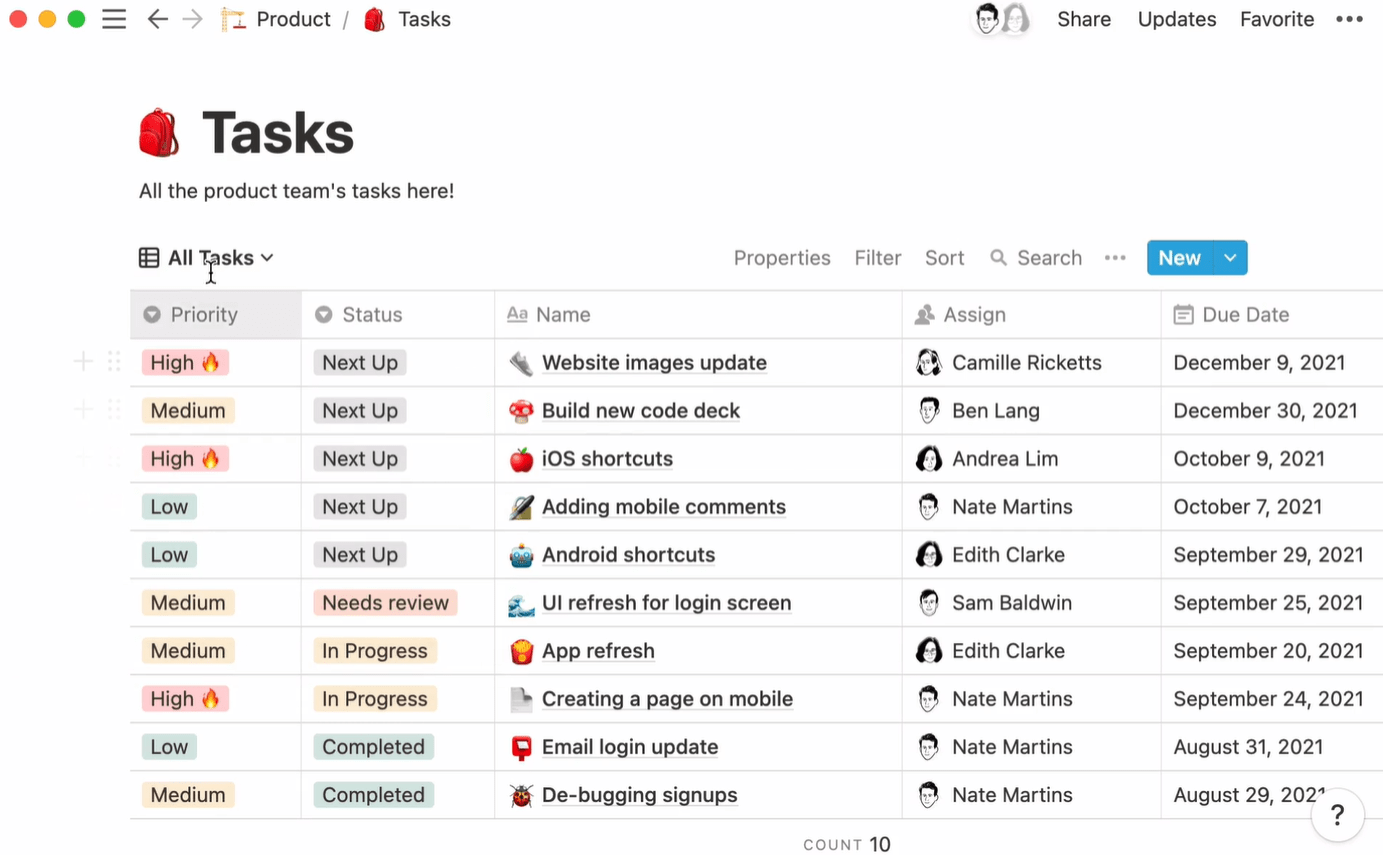 Recursos de gerenciamento de tarefas do Notion