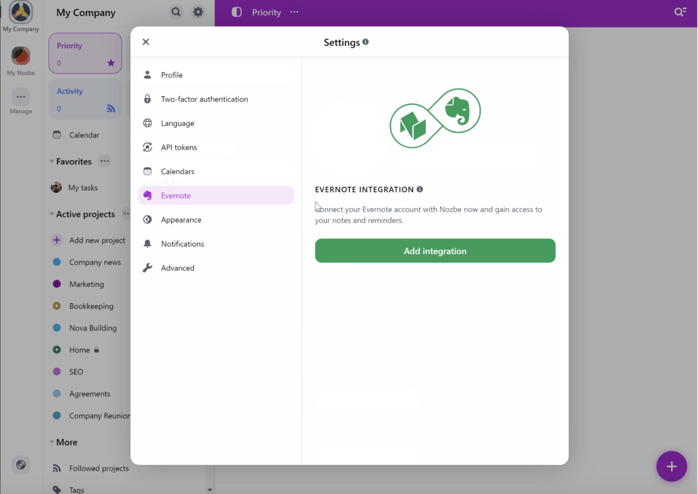 Tangkapan layar Integrasi Nozbe Evernote yang menunjukkan cara mengintegrasikan Nozbe dengan Evernote, klik ikon roda gigi -> Pengaturan -> Evernote. Tekan tombol "Tambahkan integrasi" untuk mengaktifkan integrasi.  