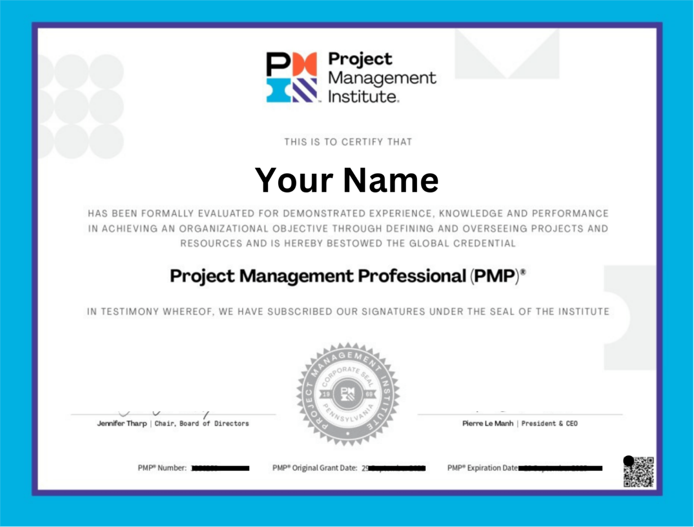 PMP Certificate sample