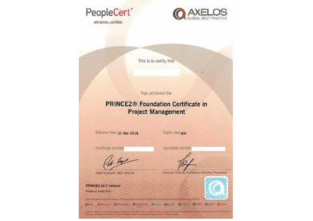 PRINCE2 certificate sample