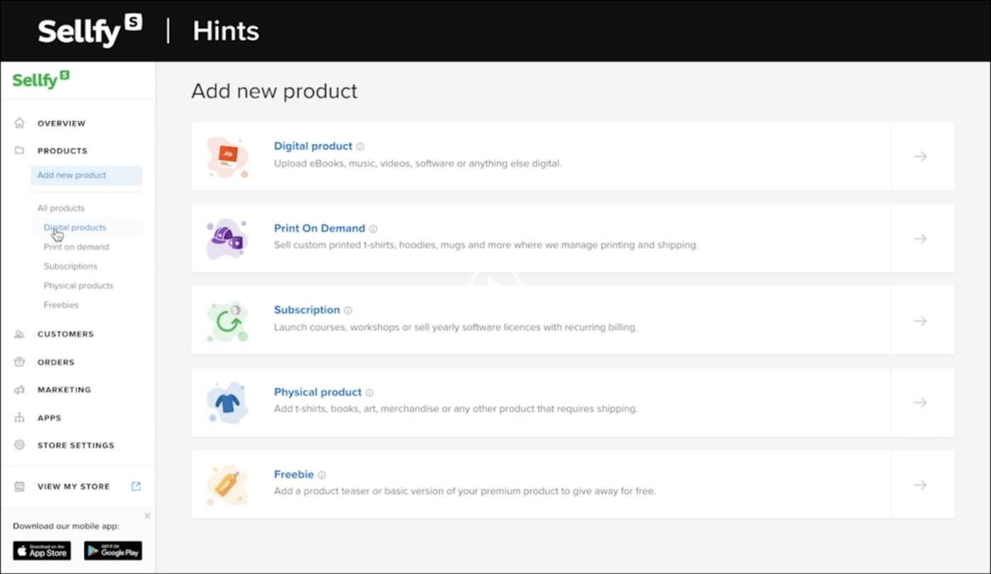 Sellfy Hints page showing how to add new digital products