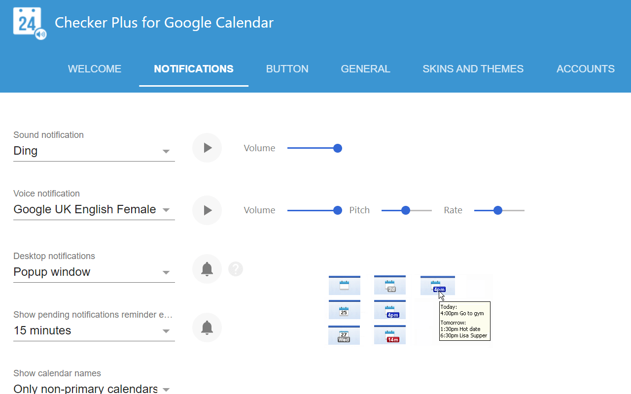 Settings dashboard for Checker Plus for Google Calendar