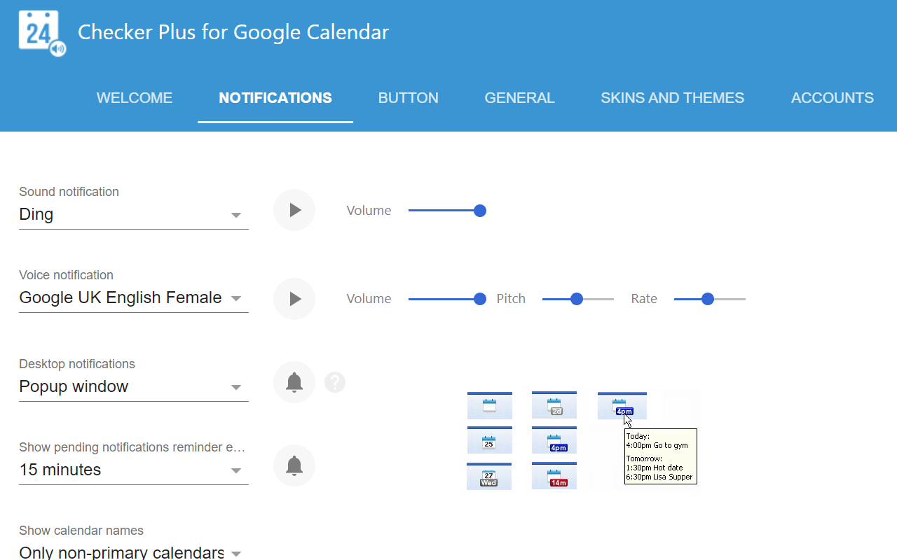 Dashboard delle impostazioni per Checker Plus per Google Calendar