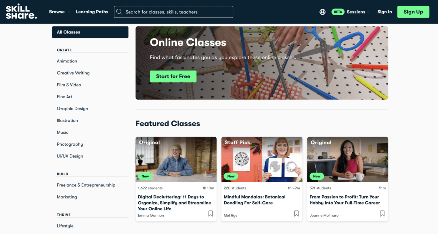 Screenshot of the Skillshare Online Classes page showing featured classes