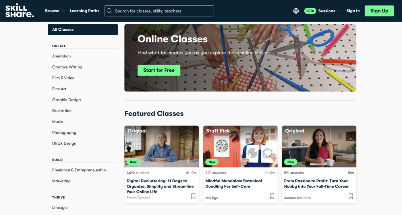 Screenshot der Skillshare Online Classes Seite mit den vorgestellten Klassen