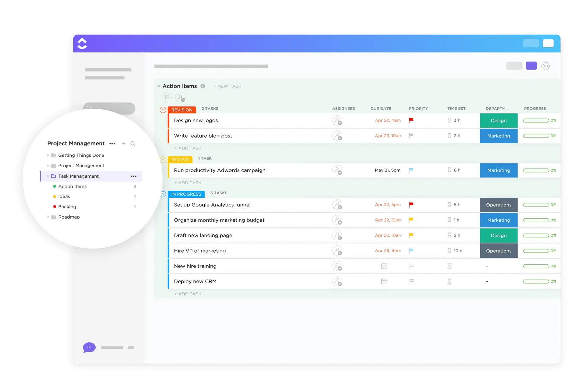 Stay organized by automatically grouping information by priority, task status, and department using ClickUp's Task Management Template