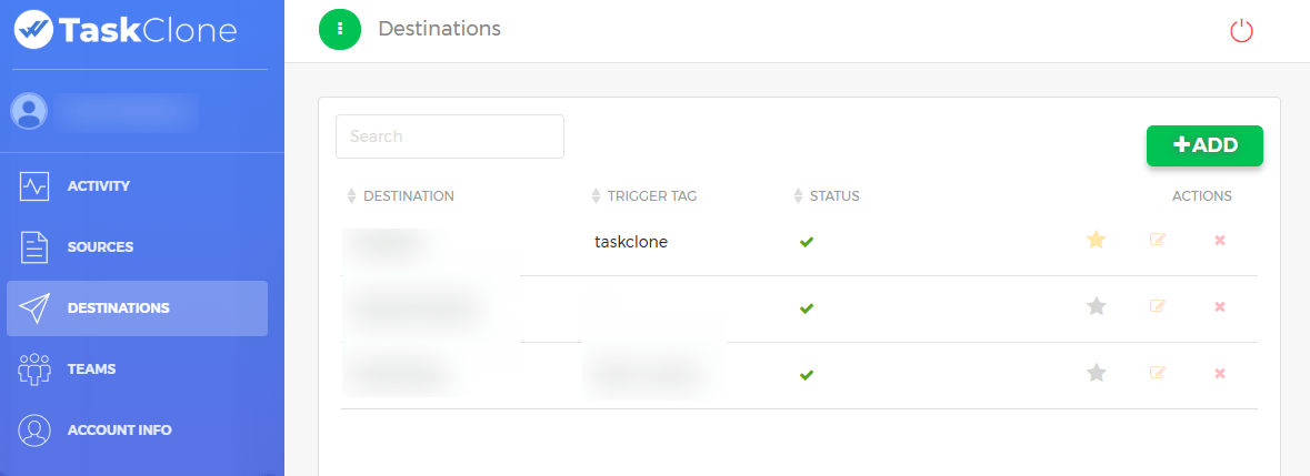 TaskClone page showing how to add a new destination.  In the "Destinations" section of dashboard, click "+ADD" button.