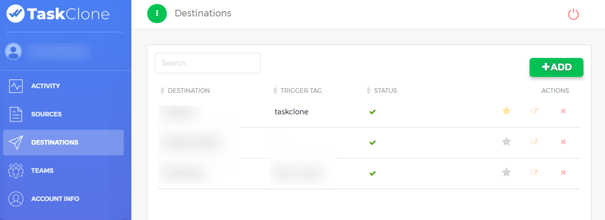 Page de TaskClone montrant comment ajouter une nouvelle destination. Dans la section "Destinations" du tableau de bord, cliquez sur le bouton "+ADD".  