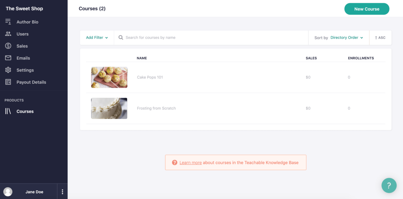 Teachable Author Dashboard showing a list of the courses and coaching products for which they have been designated the author. Their dashboard can also include settings such as Author Bio, Users, Sales, Emails, Settings, and Payout Details.