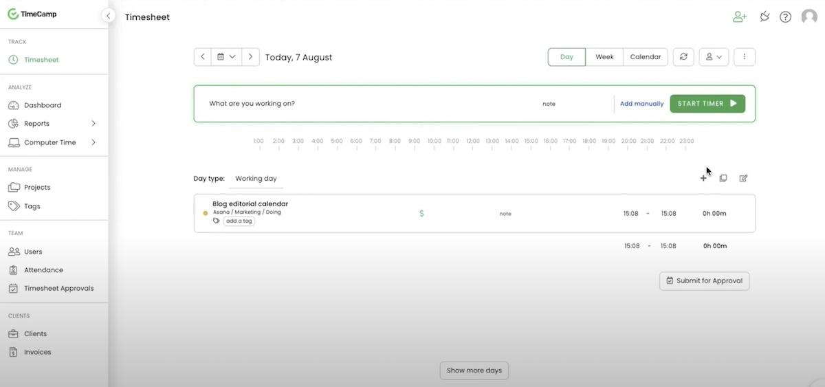 TimeCamp의 시간 추적 기능 스크린샷