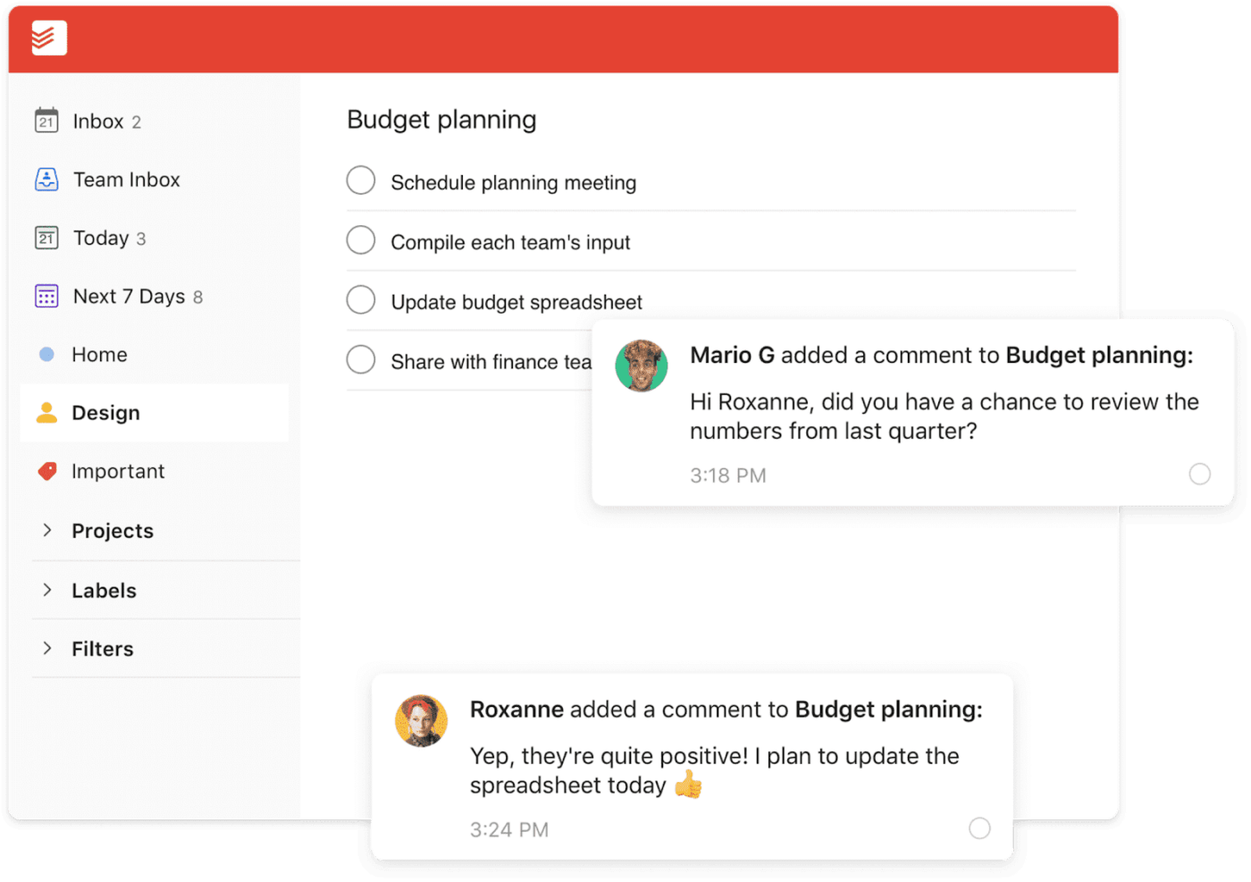 A budget plannng list on Todoist