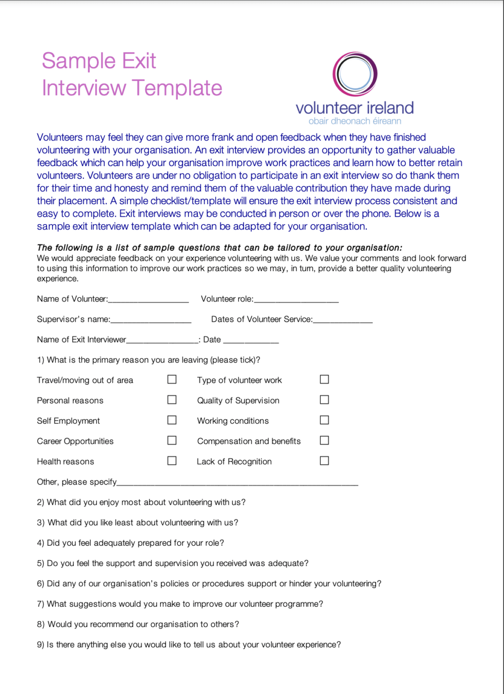 Volunteer Exit Interview Template