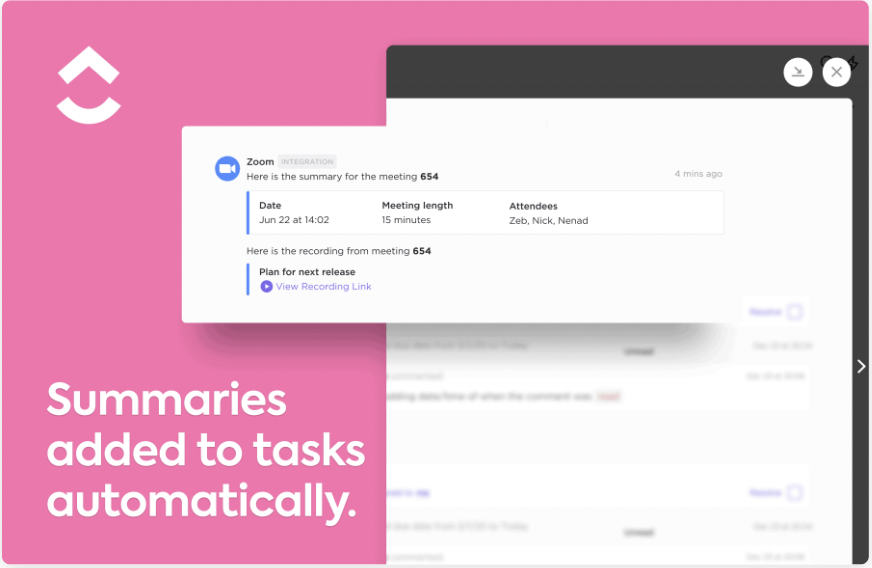 When meetings end, ClickUp automatically updates the task with details
