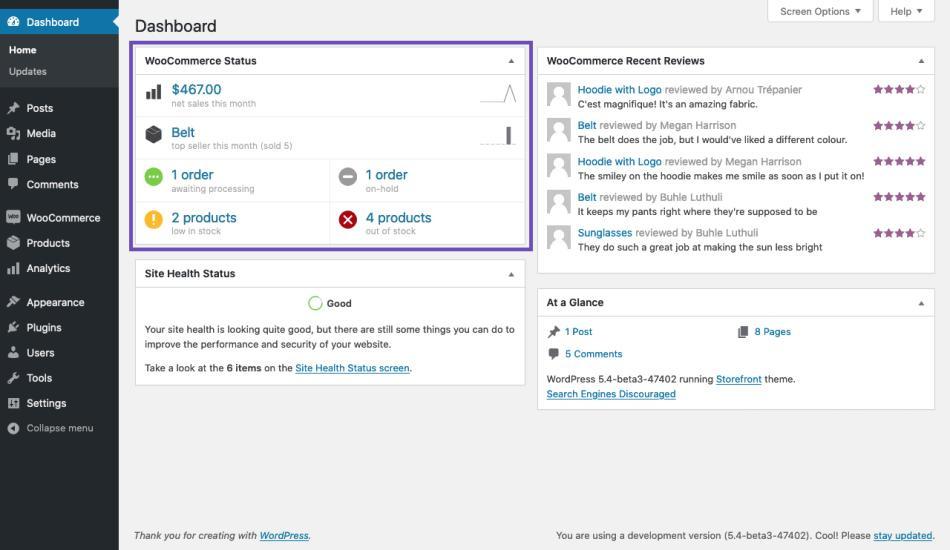 The WooCommerce Status widget gives you a quick overview of your store. It starts with the number of sales for the current month, then it will list your top-selling product. Finally, you have a grid of your order and stock statuses.