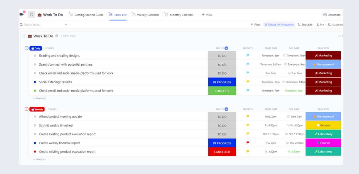 Modèle de travail à faire ClickUp