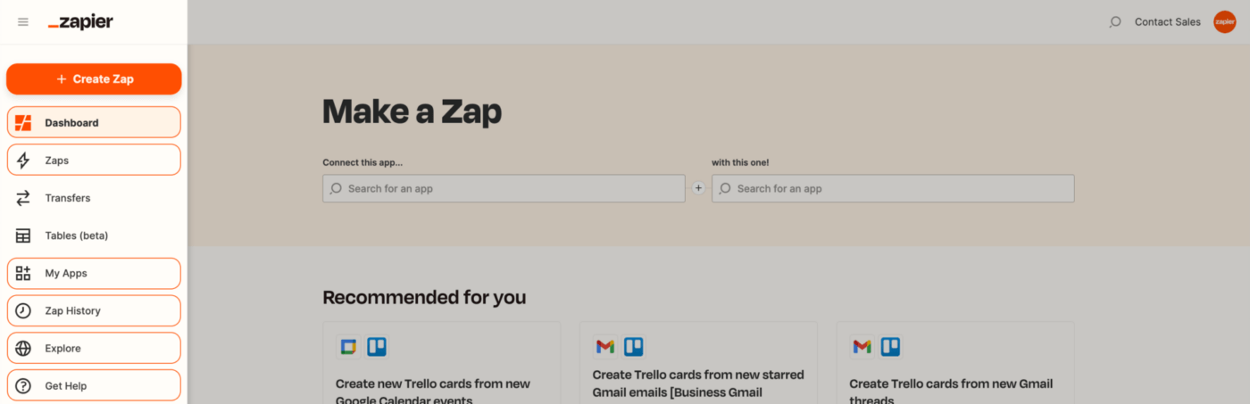 Zapier - How to Make a Zap Dashboard product walkthrough, featuring the 'Make a Zap' screen for creating automated workflows