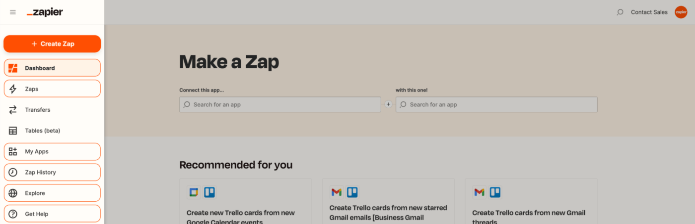 Zapier - How to Make a Zap Dashboard product walkthrough, presentando la pantalla 'Make a Zap' para crear flujos de trabajo automatizados