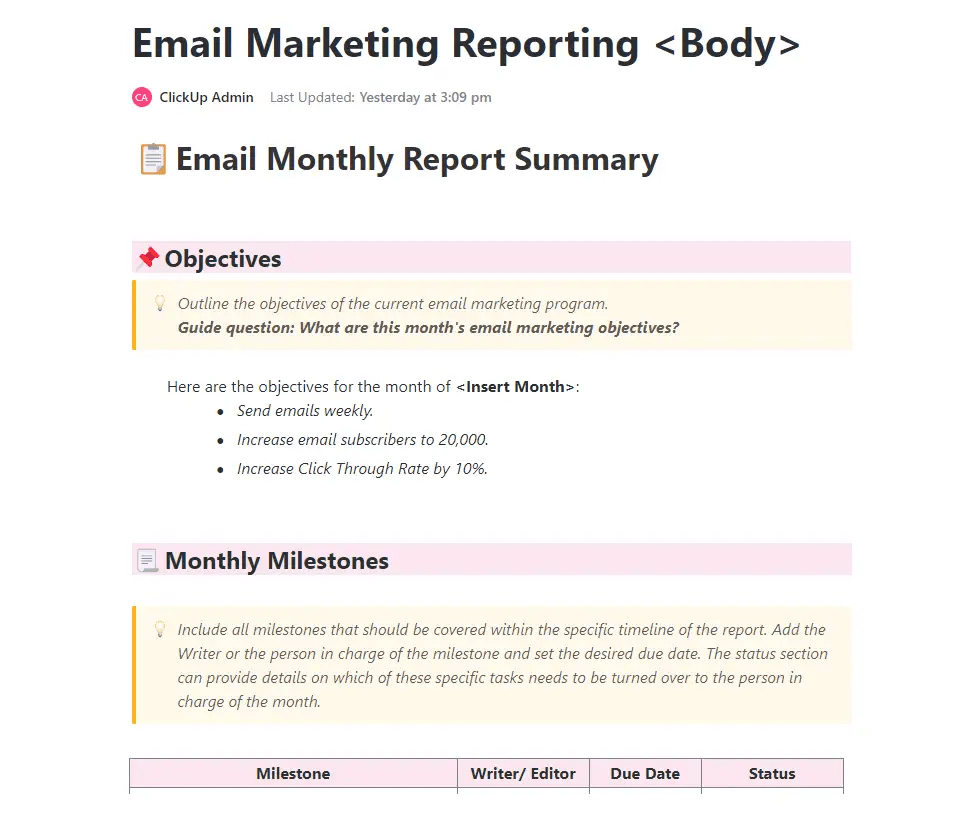 ClickUp's Email Marketing Report Template is designed to help you track and analyze the effectiveness of your email campaigns.