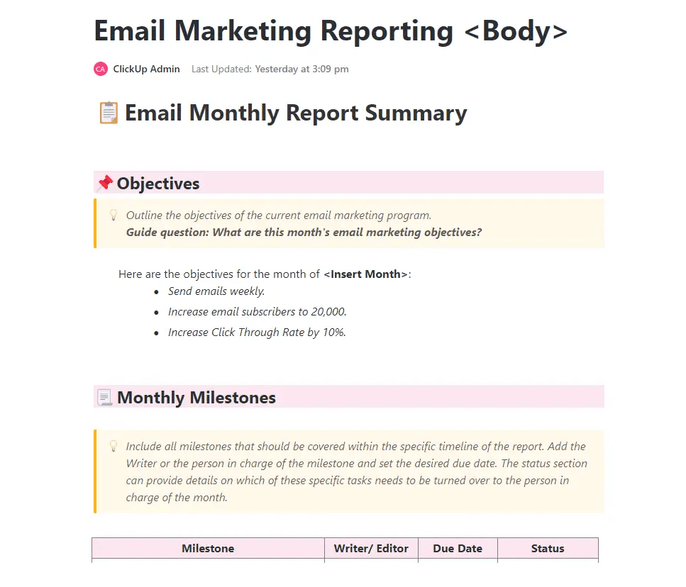 O modelo de relatório de marketing por e-mail do ClickUp foi criado para ajudá-lo a rastrear e analisar a eficácia de suas campanhas de e-mail.  