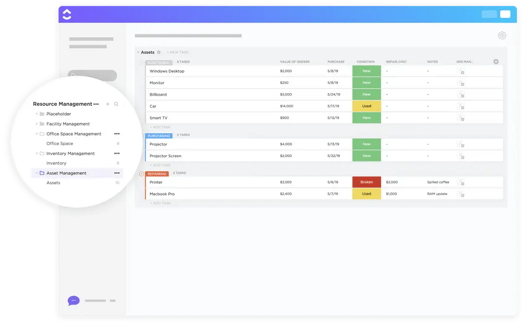 ClickUp's Asset Management Template is designed to help you keep track of your company's assets.