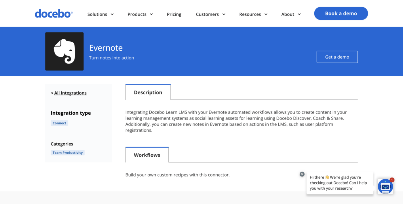 docebo Evernote Integrationsseite, die zeigt, wie man Docebo Learn LMS mit automatisierten Workflows von Evernote integriert