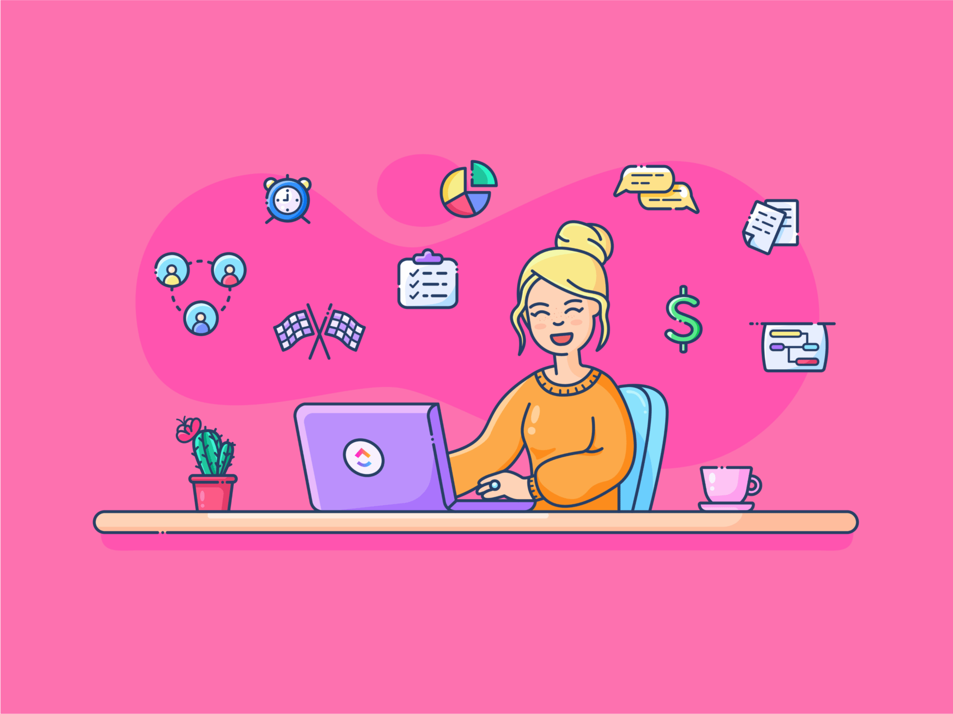 Gumroad alternatives + blog feature image happy woman on a laptop with ecommerce icons floating around her head