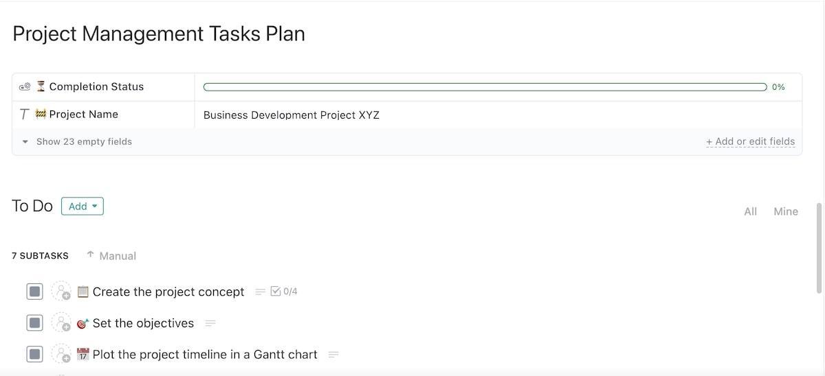 Ensure your project is off to a smooth start with ClickUp's Project Management Tasks Plan Template  