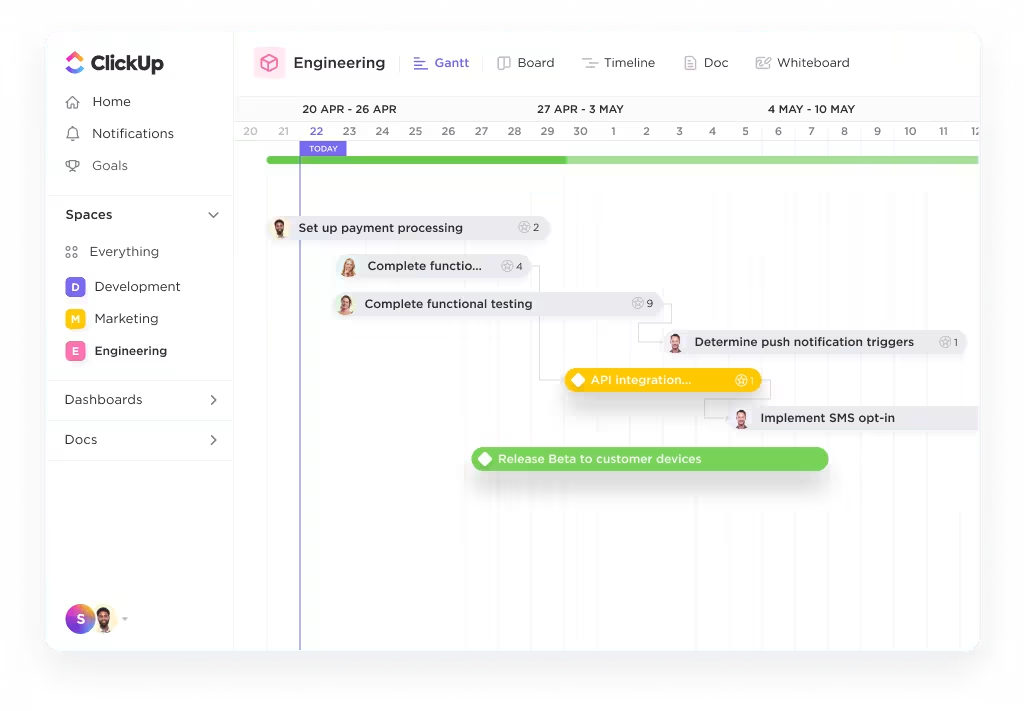 Onboarding van mobiele apps: een stappenplan maken in de weergave Gantt chatten van ClickUp