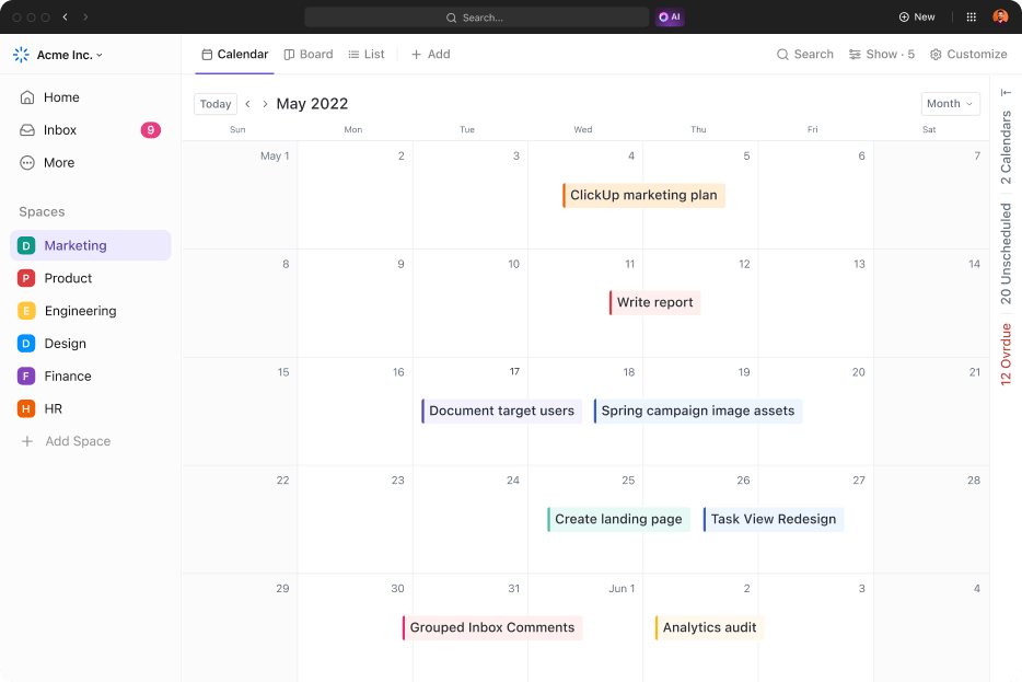 Vue du calendrier de ClickUp