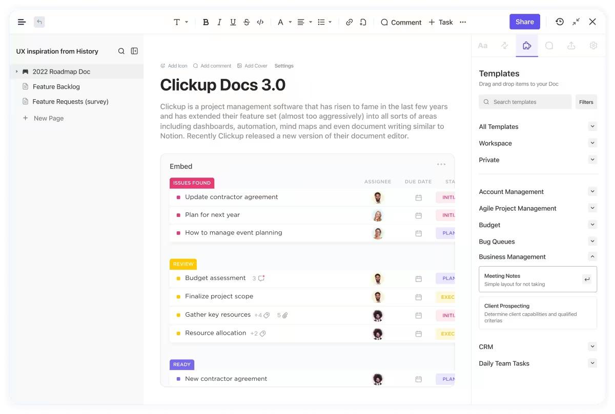 ClickUp Docs z zadaniami