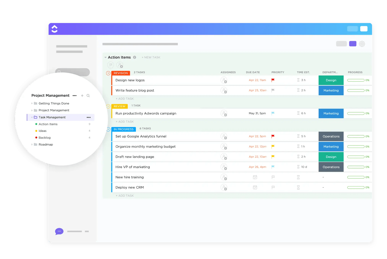 Arrange and view your tasks with different filters in the ClickUp Task Management Template