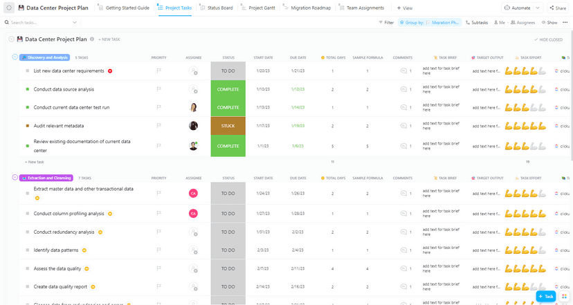 Modèle de planification de projet de centre de données par ClickUp