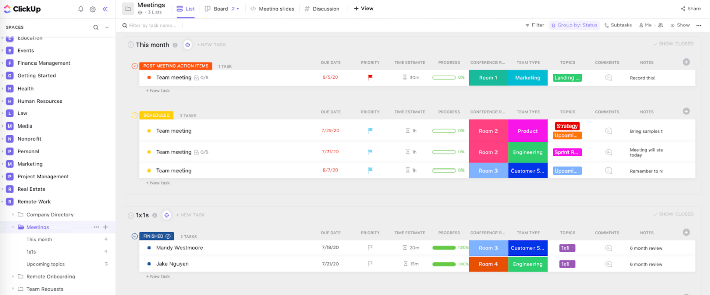 ClickUp's functie voor vergaderingen Afbeelding dashboard