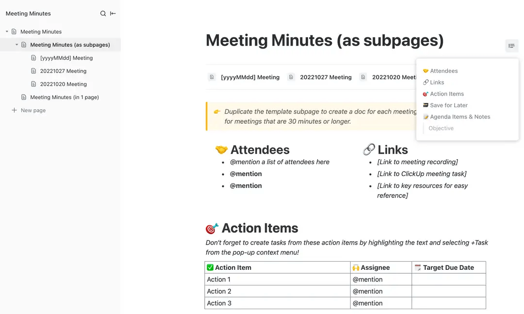 Organisieren Sie Tagesordnung, Notizen und Nachbereitung von Besprechungen mit der ClickUp-Vorlage für Besprechungsnotizen