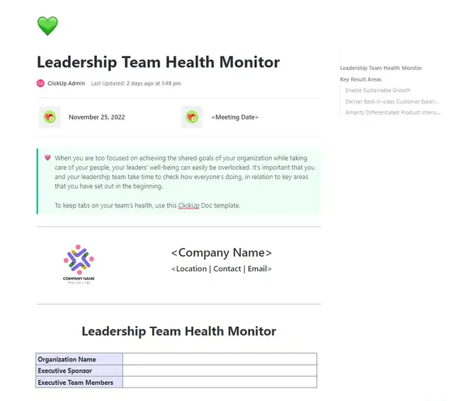 Assess and improve leadership performance with the ClickUp Leadership Team Health Monitor Template
