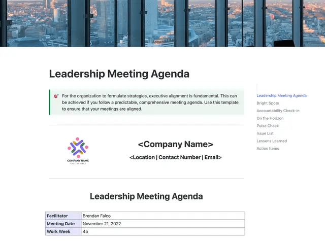 Plan and manage leadership meetings effectively using Leadership Meeting Agenda by ClickUp
