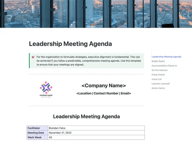 Record leadership meeting details with the ClickUp Leadership Agenda Template