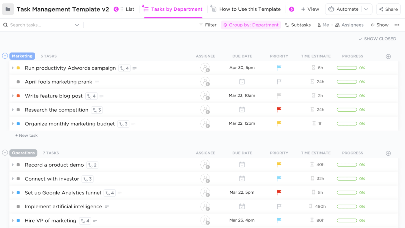 Plantilla de gestión de tareas de ClickUp