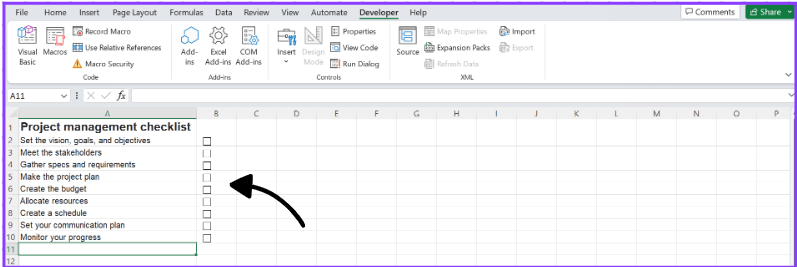 Cases à cocher dans Excel