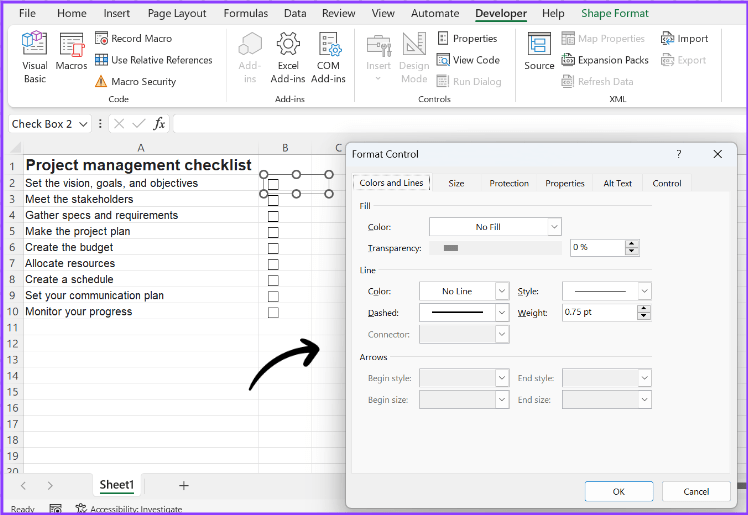 Personalizar caixas de seleção no Excel