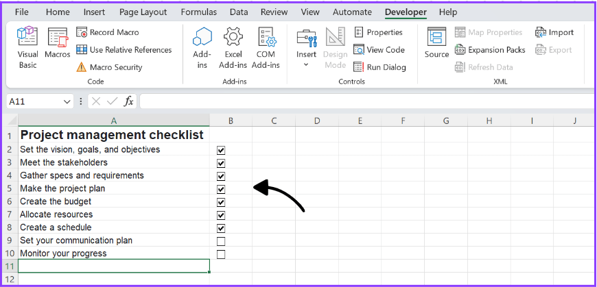 Lista de verificação do Excel