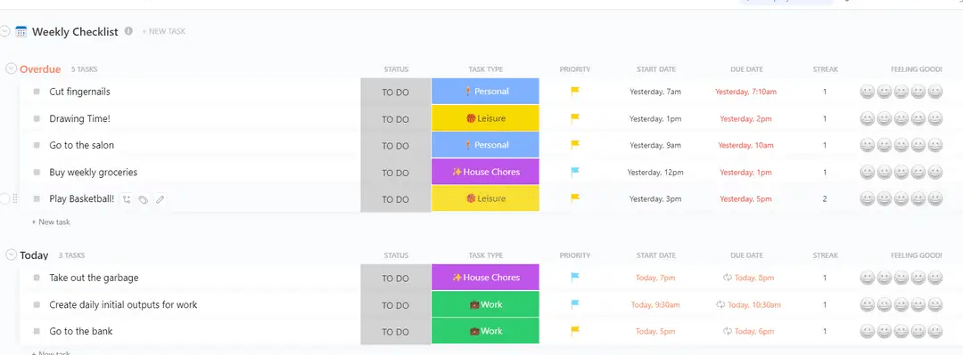 Trace sus tareas diarias y planifique su agenda con la plantilla de lista de comprobación semanal de ClickUp